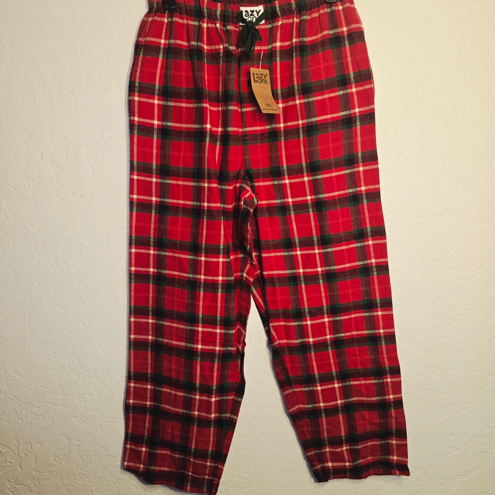 Lazy One Pajama Pants Large Women Red Plaid Cotton Flannel Pockets NWT